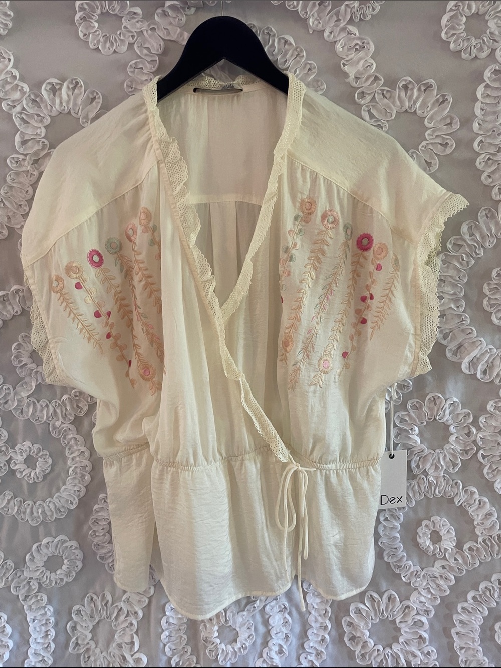 Dex Plus Cream color Short Sleeve Wrap Embroidered Peasant Top Lace accents